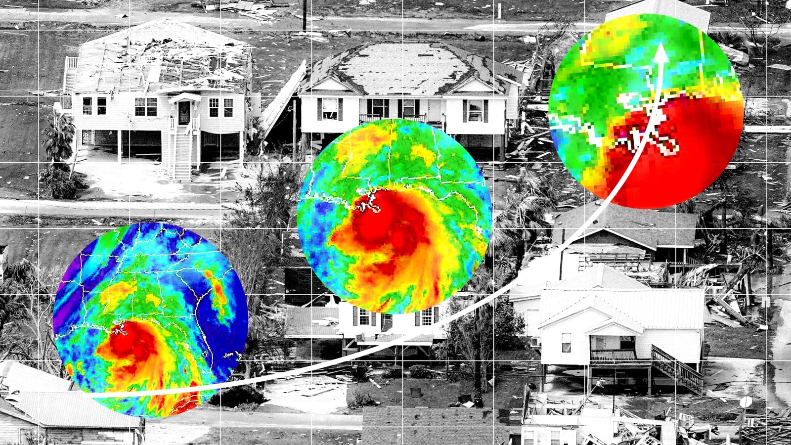 Weather images of a hurricane overlaid on a photo of homes damaged by a hurricane.