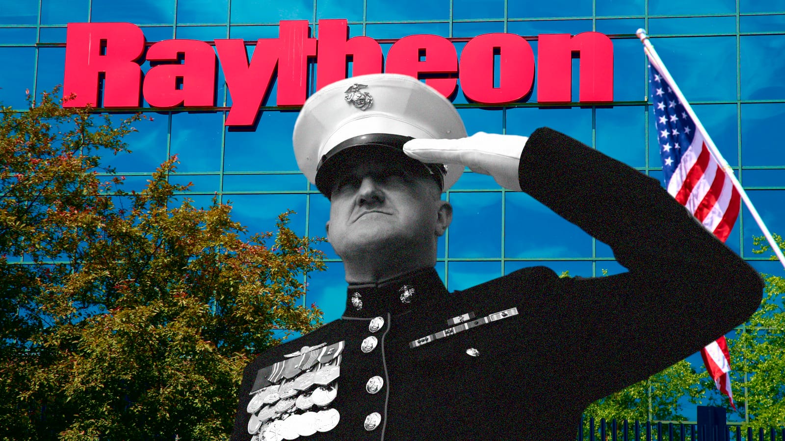 A photo of a U.S. Marine saluting is overlaid on a photo of the facade of Raytheon's Integrated Defense Systems facility.