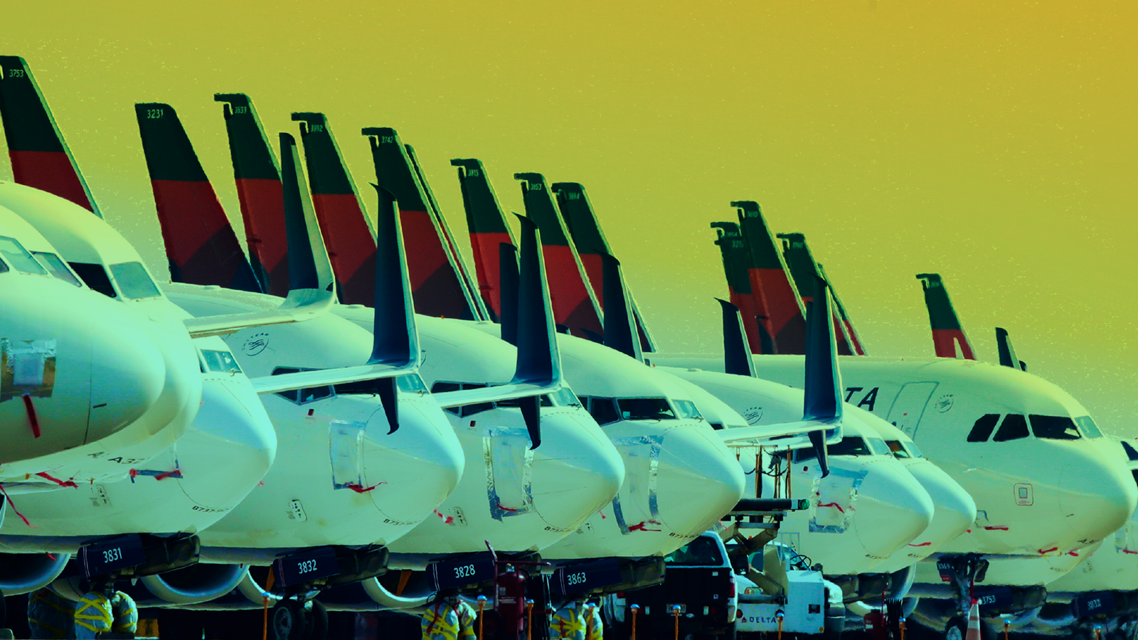 A line of Delta airplanes.
