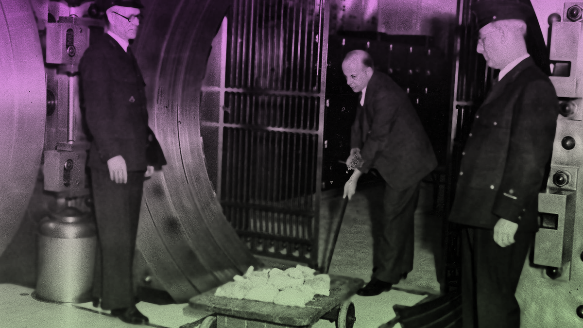A historical photo of three men taking a large gold deposit into a bank vault in 1933.