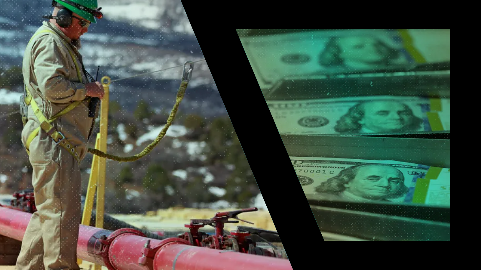 On the right we see a pipeline worker at work, on the right we see stacks of money after printing.