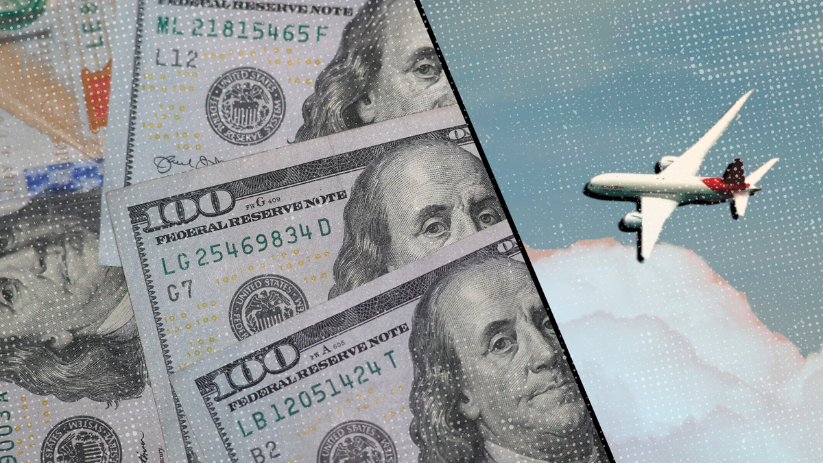 On the left we see a stack of $100 bills, on the right we see a large passenger airplane in flight.