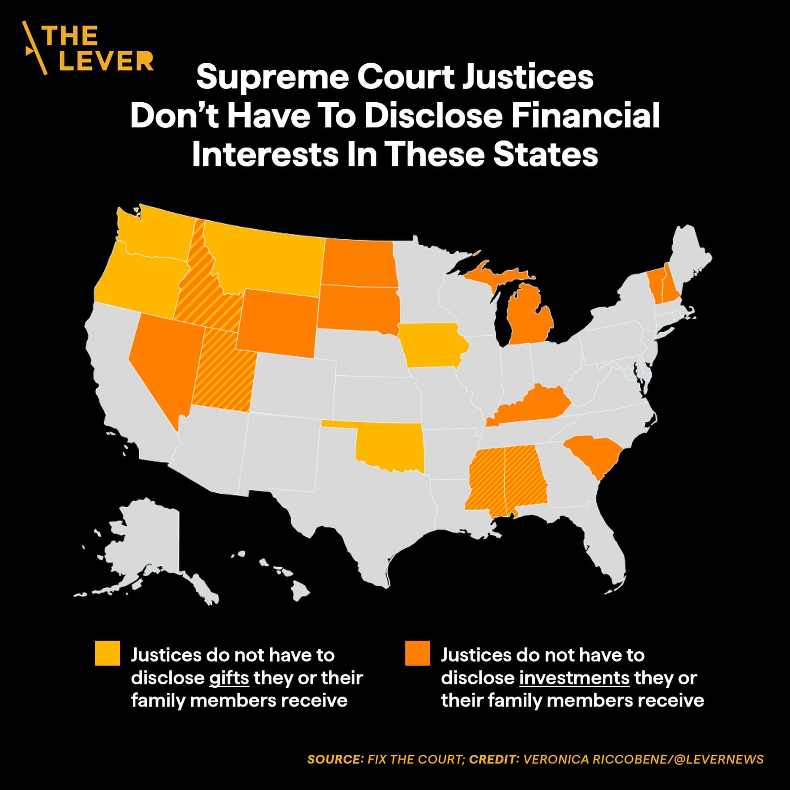 A map of the US showing in which states Supreme Court Justices don't have to disclose financial interests.