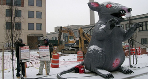 Union protestors stand next to an inflatable Scabby the Rat mascot.