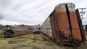 Some of the derailed Norfolk Southern train cars in East Palestine, Ohio.