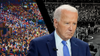 A photo of President Biden looking unhappy overlaid on a photo of the 2016 Democratic National Convention.